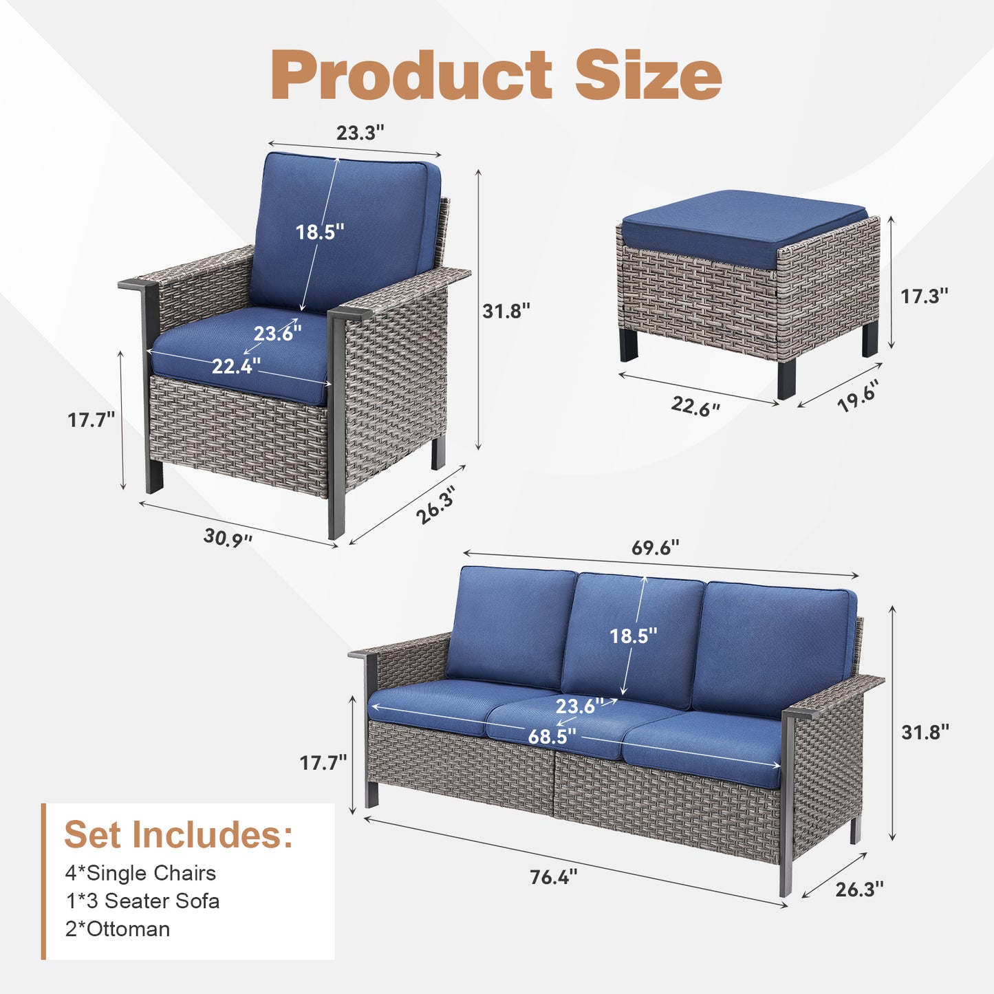 7-Piece Patio Set: All-Weather Wicker 3-Seater Sofa with 4 Patio Chairs & 2 Ottomans, WNG Series