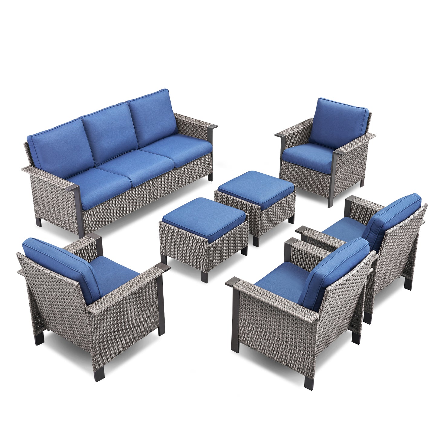 7-Piece Patio Set: All-Weather Wicker 3-Seater Sofa with 4 Patio Chairs & 2 Ottomans, WNG Series