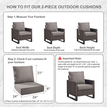 2 Set Outdoor Cushion, High Back and Deep Seating, 6" H x 24" W x 24" D - Belord