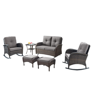 Patio Conversation Set 6-Piece with Glider Loveseat, Rocking Chairs, Side Table, and Ottoman, NDS Series - Belord
