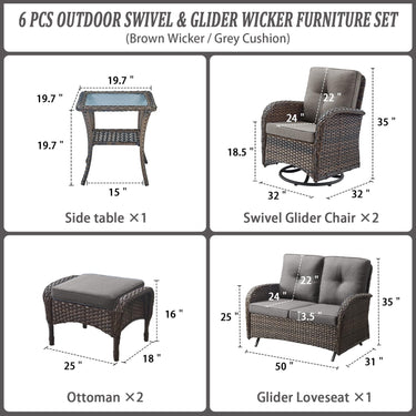 Patio Conversation Set 6-Piece with Glider Loveseat, Swivel Glider Chairs, Side Table, and Ottoman, NDS Series - Belord
