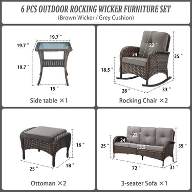 Patio Conversation Set 6-Piece with Sofa, Rocking Chairs, Side Table, and Ottoman, NDS Series - Belord