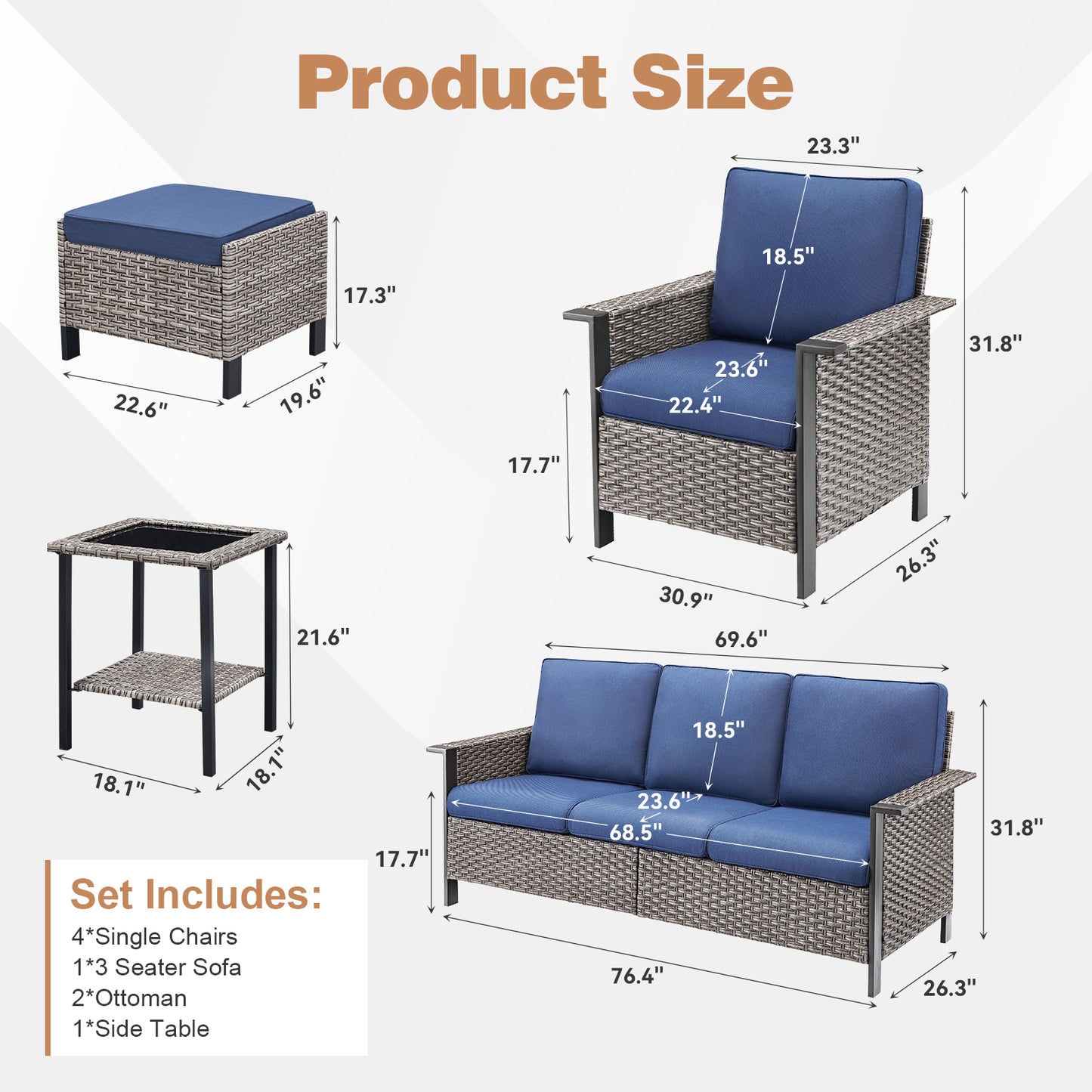 Outdoor Patio Furniture Set (8-Piece): All-Weather Wicker Sofa & 4 Patio Chairs & 2 Ottomans & Side Table, WNG Series