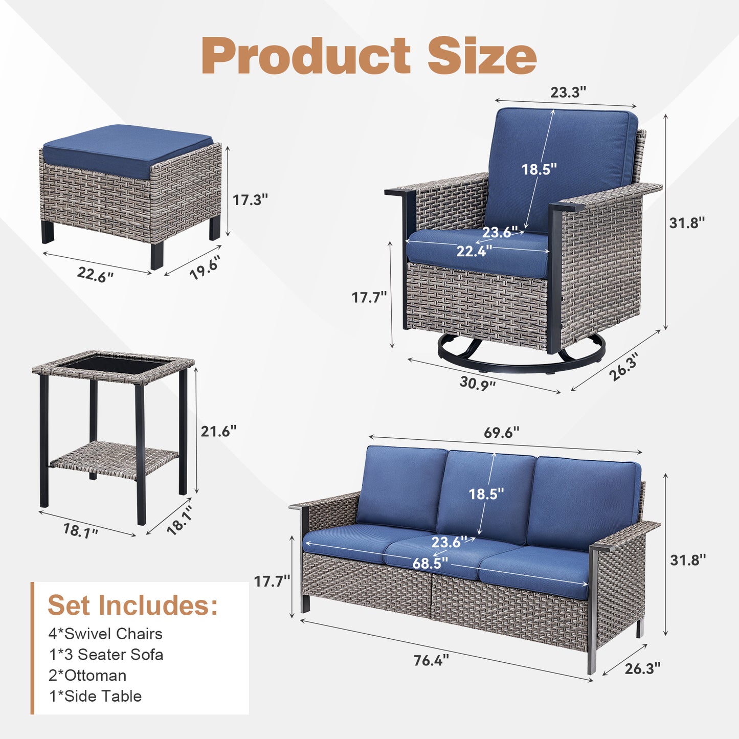 8-Piece Wicker Patio Set: All-Weather 3-Seater Sofa with 4 Swivel Rocker Chairs & 2 Ottomans & Rattan Side Table, WNG Series