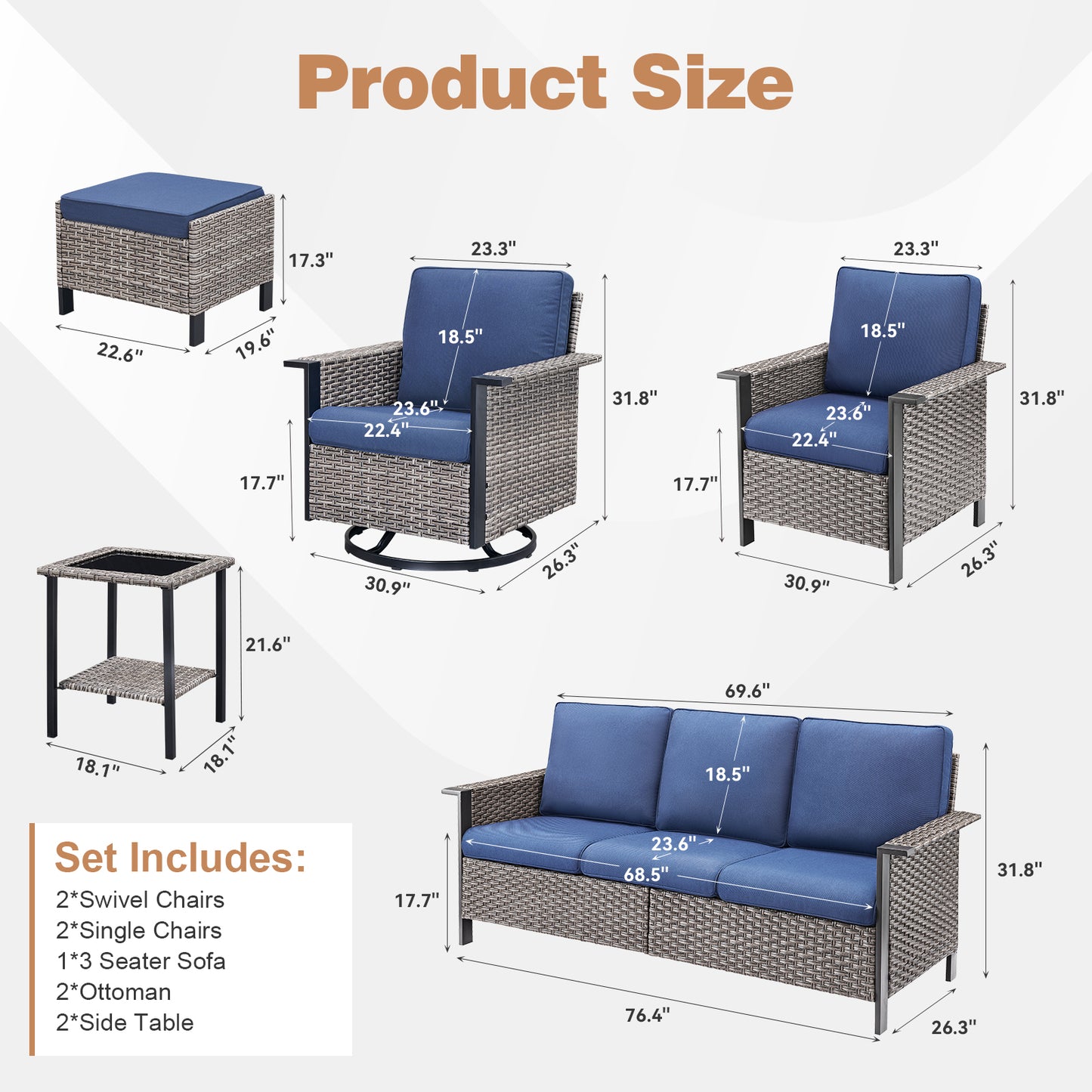 Large 9-Piece Conversation Set — Sofa, 4 Chairs (2 Swivel & 2 Patio Chairs), 2 Ottomans, 2 Side Tables, WNG Series