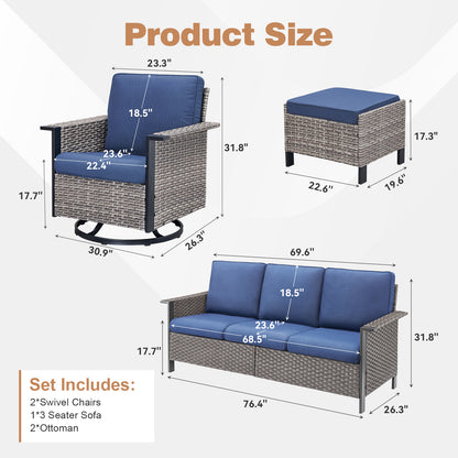 Outdoor Furniture Set for Patio & Poolside — 1 PE Wicker Sofa, 2 Swivel Glider Chairs & 2 Ottomans with Cushions, WNG Series