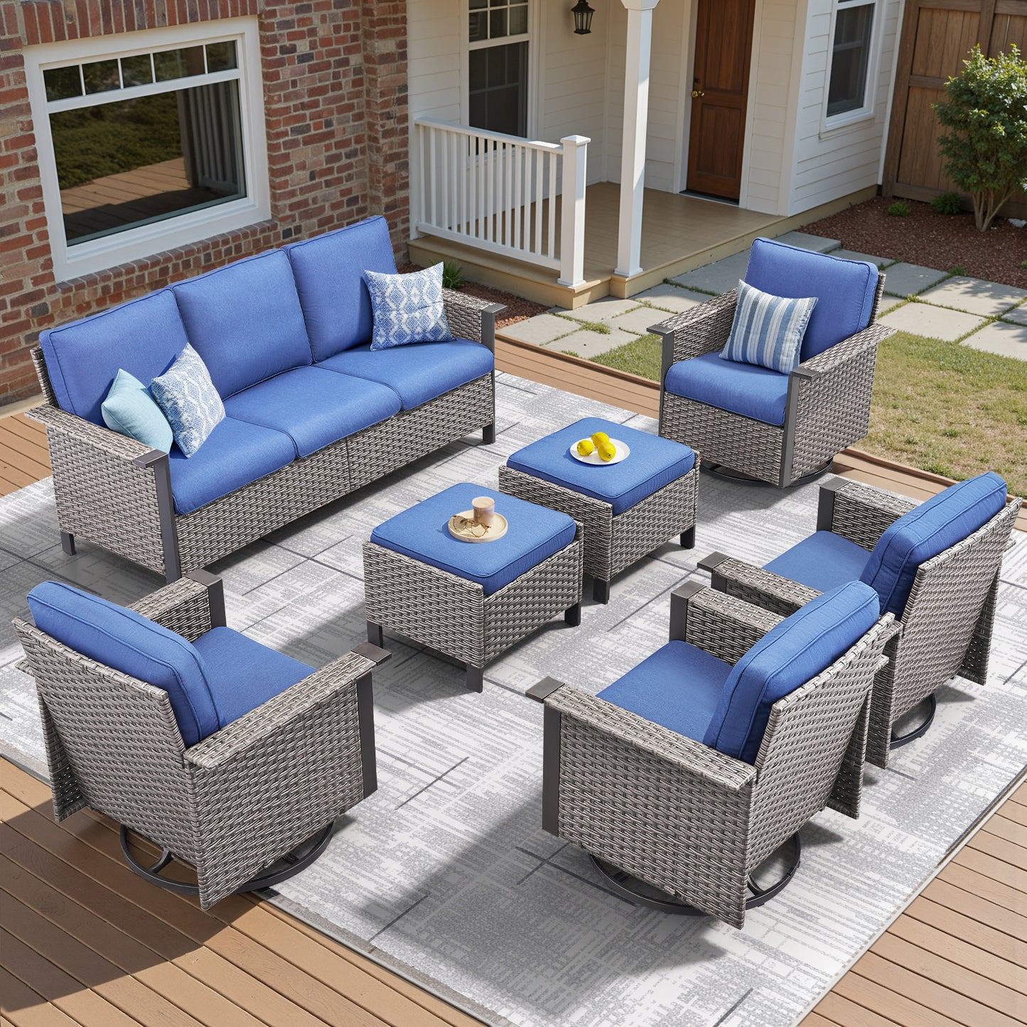 WNG Series: 7-Piece All-Weather Patio Set — 3-Seater Wicker Sofa with 7 Seating Pieces (4 Chairs & 2 Ottomans), WNG Series