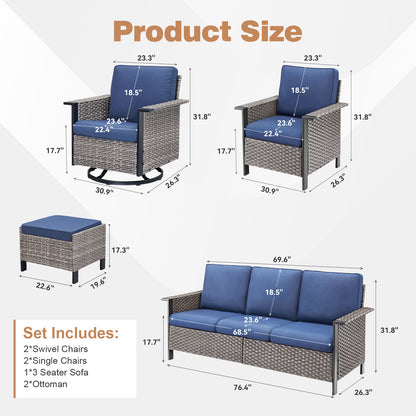 7-Piece All-Weather Wicker Patio Furniture Set: 1 Sofa, 2 Swivel Chairs, 2 Patio Chairs, 2 Ottomans, WNG Series