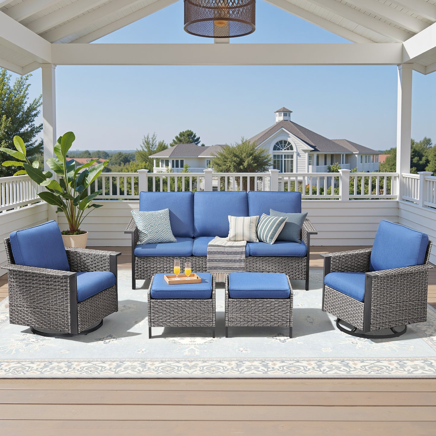 Outdoor Furniture Set for Patio & Poolside — 1 PE Wicker Sofa, 2 Swivel Glider Chairs & 2 Ottomans with Cushions, WNG Series