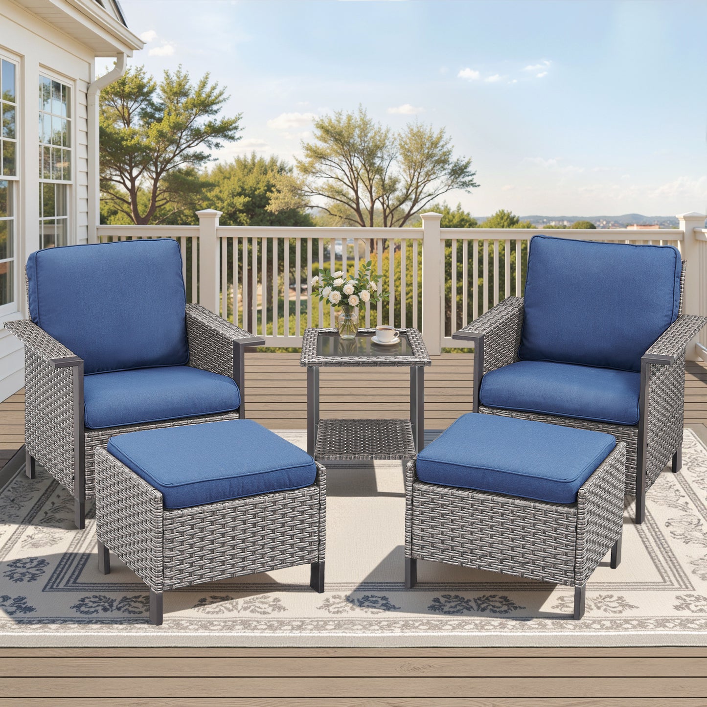 5-Piece Patio Set: 2 High-Back Wicker Patio Chairs, 2 Ottomans & 1 Glass Side Table, WNG Series
