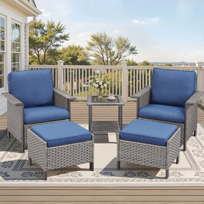 5-Piece Patio Set: 2 High-Back Wicker Patio Chairs, 2 Ottomans & 1 Glass Side Table, WNG Series