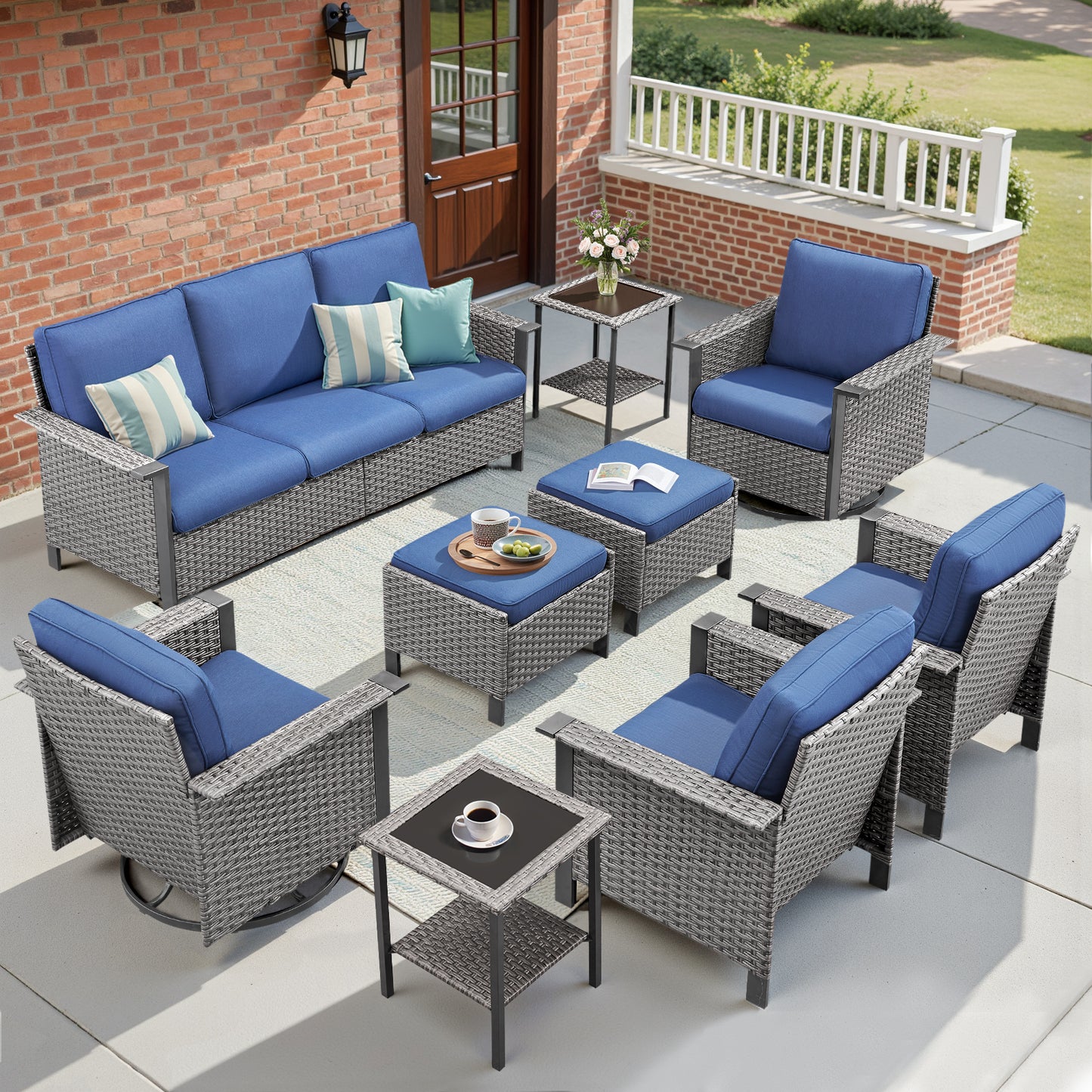 Large 9-Piece Conversation Set — Sofa, 4 Chairs (2 Swivel & 2 Patio Chairs), 2 Ottomans, 2 Side Tables, WNG Series