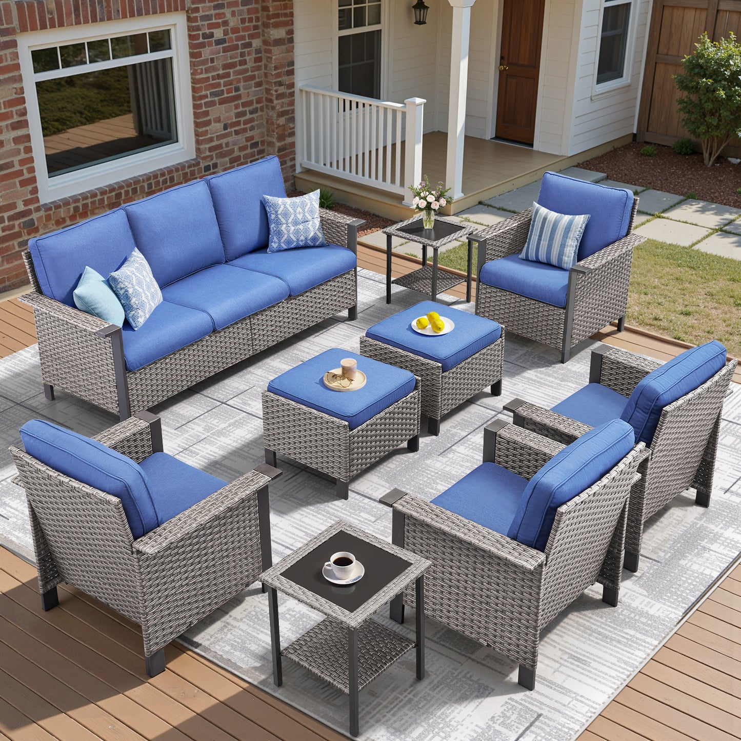 Expansive 9-Piece Conversation Group — Sofa, Quad Seating, Double Ottomans & Garden Accent Tables, WNG Series