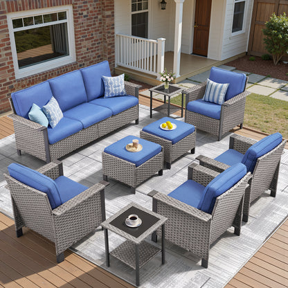 Expansive 9-Piece Conversation Group — Sofa, Quad Seating, Double Ottomans & Garden Accent Tables, WNG Series