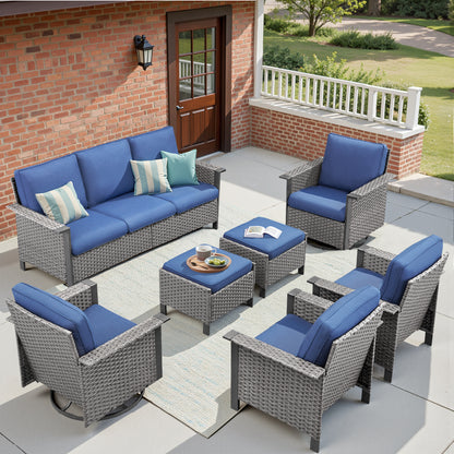 7-Piece All-Weather Wicker Patio Furniture Set: 1 Sofa, 2 Swivel Chairs, 2 Patio Chairs, 2 Ottomans, WNG Series