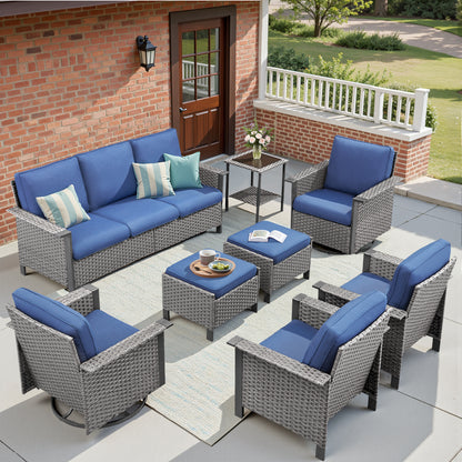 8-Piece Patio Set with Swivel Chairs: All-Weather Wicker 3-Seater Sofa, 2 Ottomans & Rattan Side Table, WNG Series