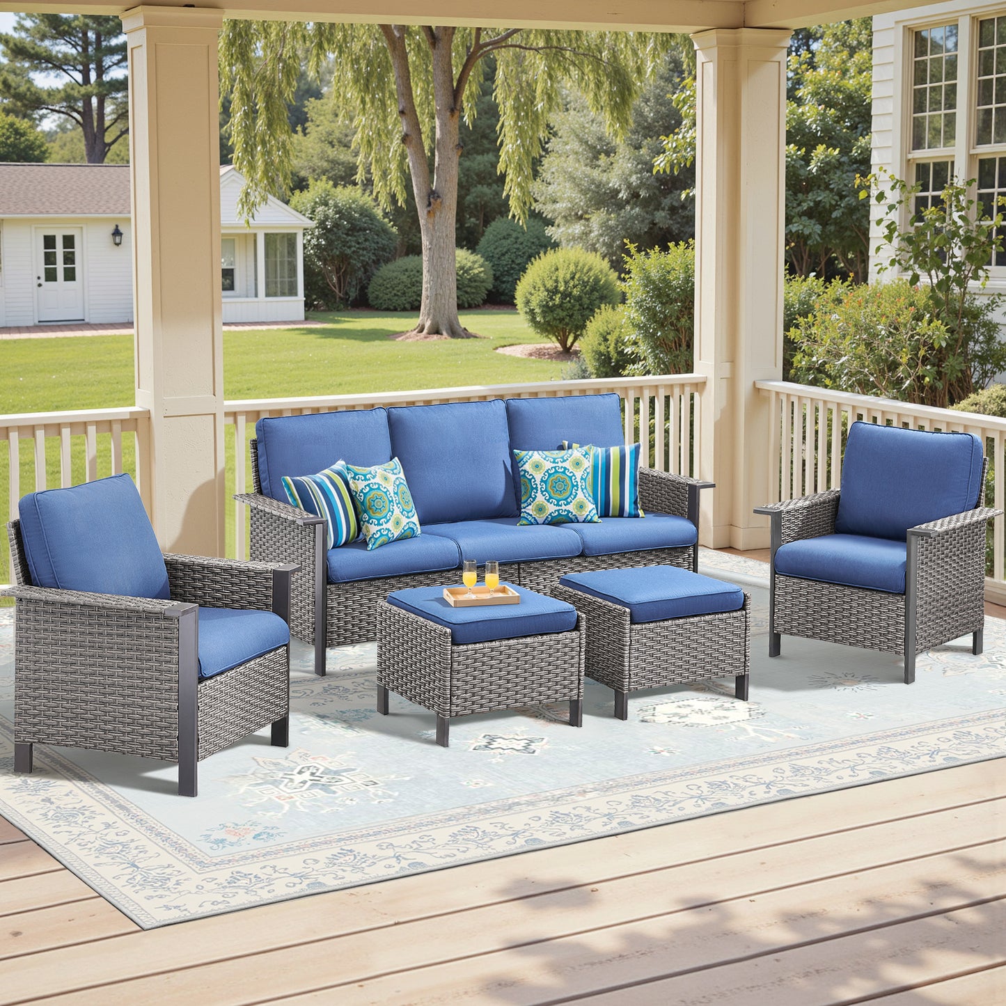 5-Piece All-Weather PE Wicker Conversation Set — Includes 1 Sofa, 2 Patio Chairs & 2 Ottomans with Cushions, WNG Series