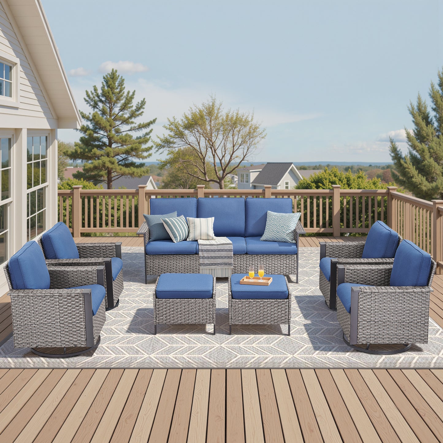 WNG Series: 7-Piece All-Weather Patio Set — 3-Seater Wicker Sofa with 7 Seating Pieces (4 Chairs & 2 Ottomans), WNG Series