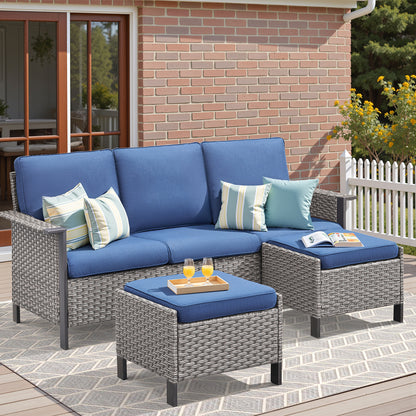 All-Weather Rattan Patio Sofa Set (3 PCS) — High-Back 3-Seater Deep Seat Couch with Ottomans, WNG Series