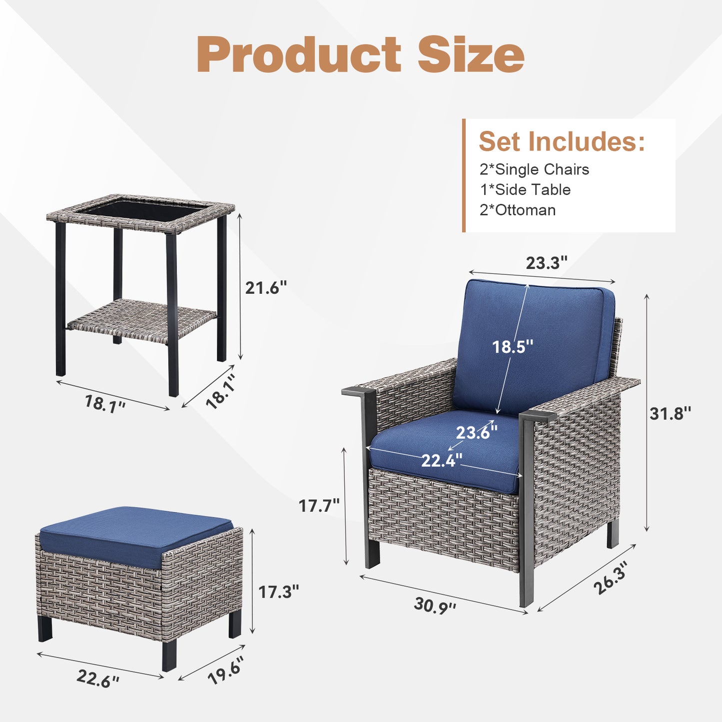 5-Piece Patio Set: 2 High-Back Wicker Patio Chairs, 2 Ottomans & 1 Glass Side Table, WNG Series