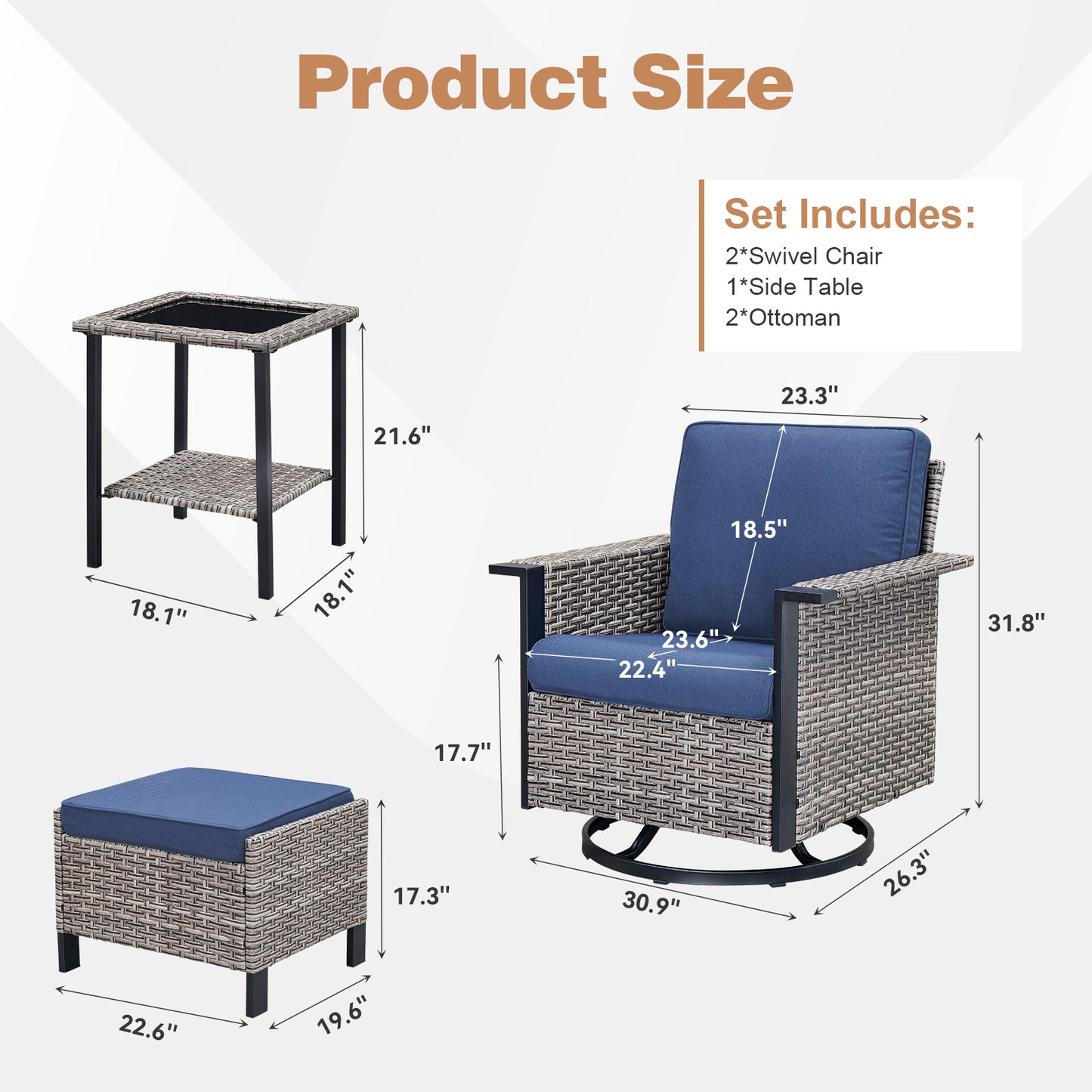 5-Piece Outdoor Swivel Glider Set — High-Back Wicker Chairs, 2 Ottomans & Glass Table, WNG Series