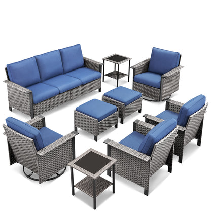 Large 9-Piece Conversation Set — Sofa, 4 Chairs (2 Swivel & 2 Patio Chairs), 2 Ottomans, 2 Side Tables, WNG Series