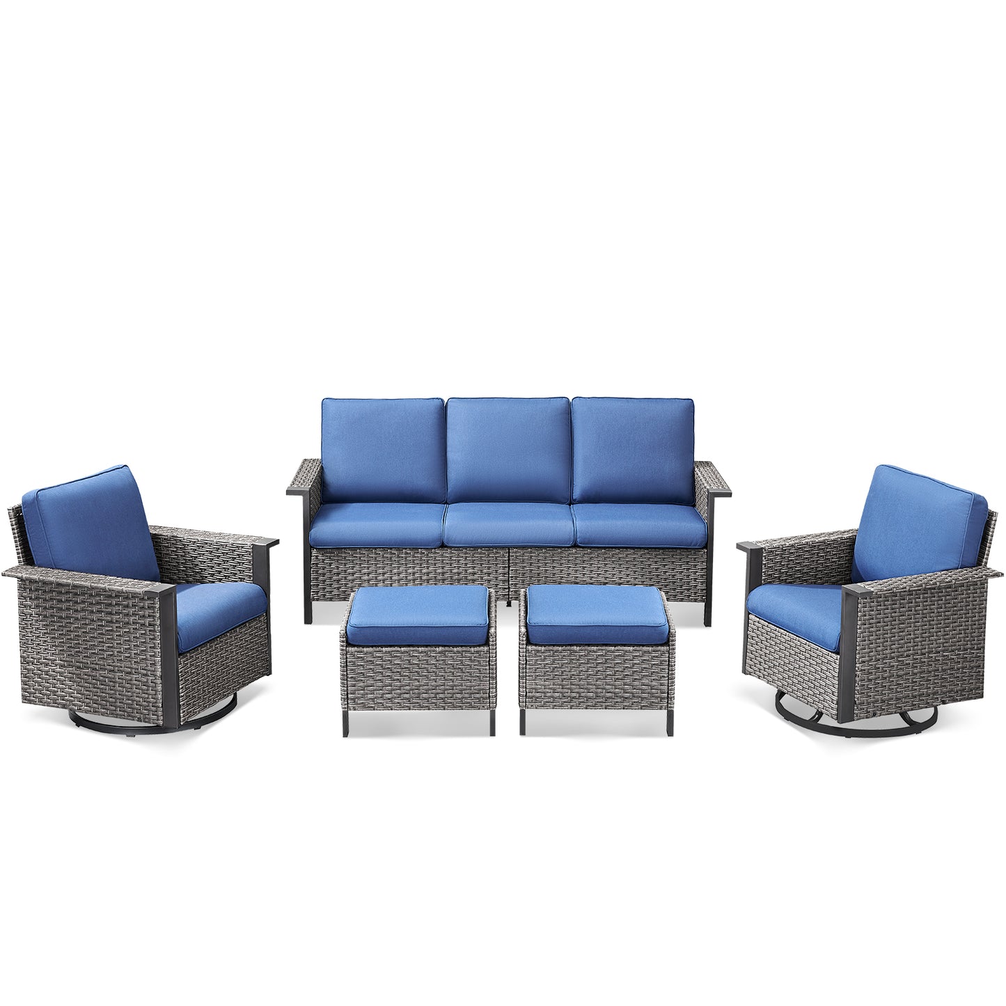 Outdoor Furniture Set for Patio & Poolside — 1 PE Wicker Sofa, 2 Swivel Glider Chairs & 2 Ottomans with Cushions, WNG Series