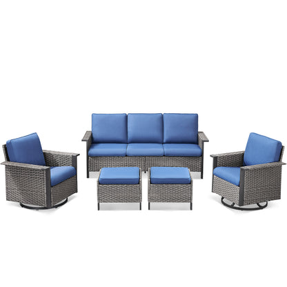 Outdoor Furniture Set for Patio & Poolside — 1 PE Wicker Sofa, 2 Swivel Glider Chairs & 2 Ottomans with Cushions, WNG Series