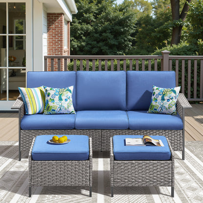 All-Weather Rattan Patio Sofa Set (3 PCS) — High-Back 3-Seater Deep Seat Couch with Ottomans, WNG Series