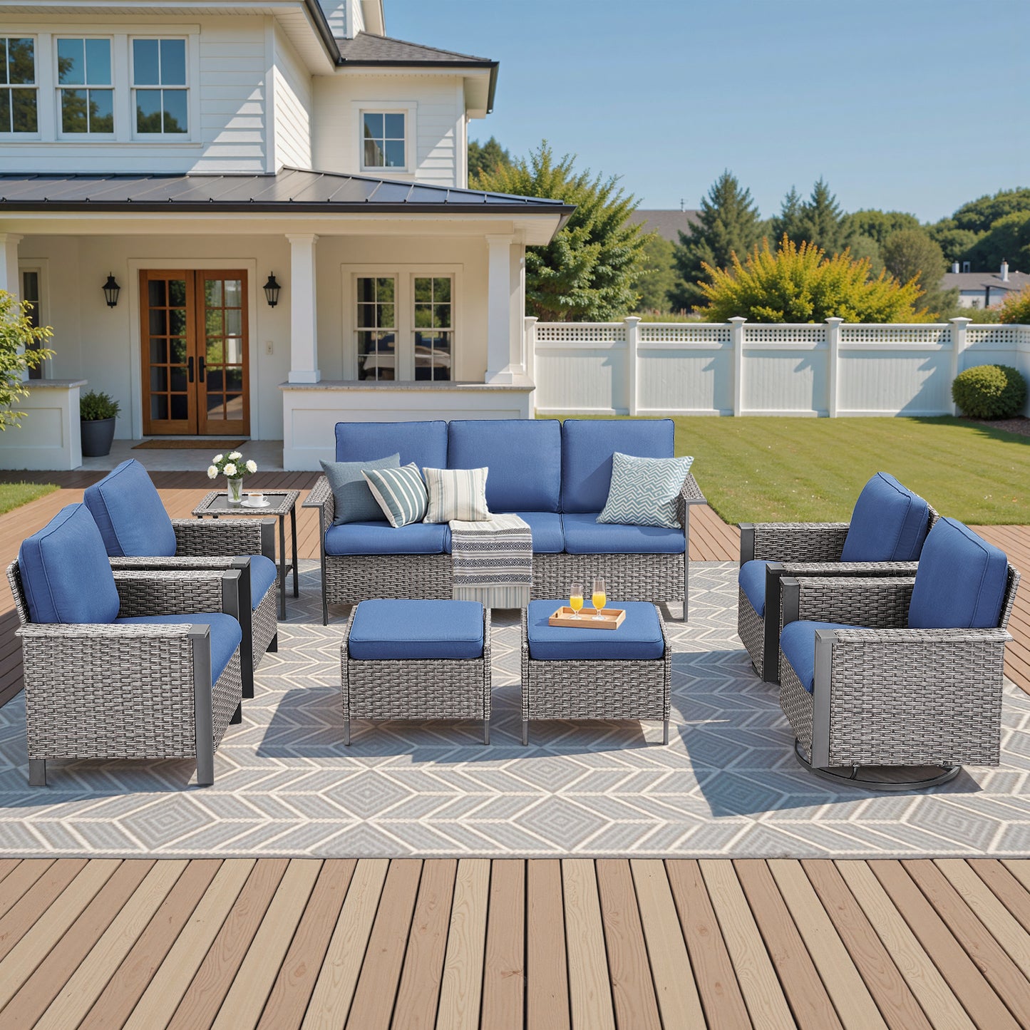 8-Piece Patio Set with Swivel Chairs: All-Weather Wicker 3-Seater Sofa, 2 Ottomans & Rattan Side Table, WNG Series