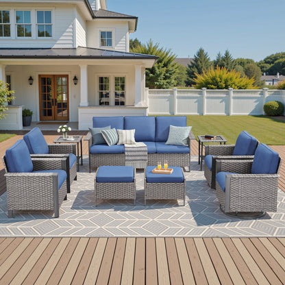 Large 9-Piece Conversation Set — Sofa, 4 Chairs (2 Swivel & 2 Patio Chairs), 2 Ottomans, 2 Side Tables, WNG Series
