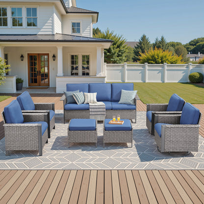 7-Piece All-Weather Wicker Patio Furniture Set: 1 Sofa, 2 Swivel Chairs, 2 Patio Chairs, 2 Ottomans, WNG Series
