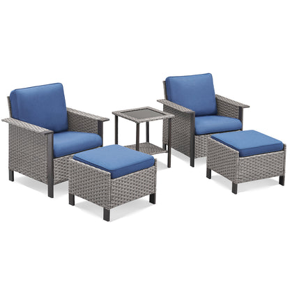 5-Piece Patio Set: 2 High-Back Wicker Patio Chairs, 2 Ottomans & 1 Glass Side Table, WNG Series