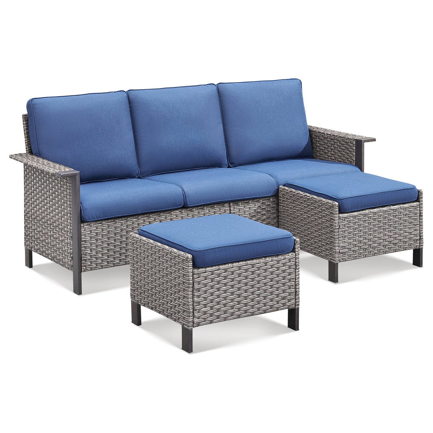 All-Weather Rattan Patio Sofa Set (3 PCS) — High-Back 3-Seater Deep Seat Couch with Ottomans, WNG Series