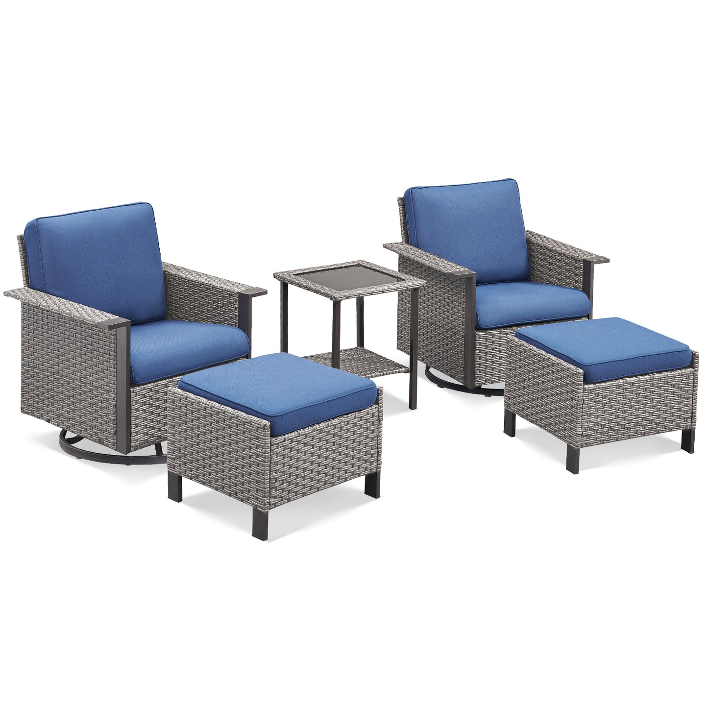 5-Piece Outdoor Swivel Glider Set — High-Back Wicker Chairs, 2 Ottomans & Glass Table, WNG Series