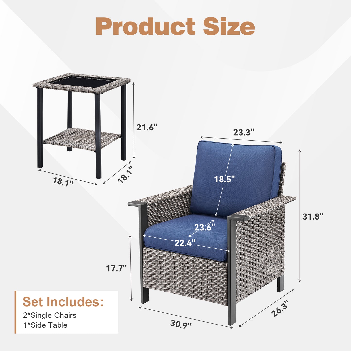 3-Piece Set: Patio Wicker Chairs with Side Table, WNG Series