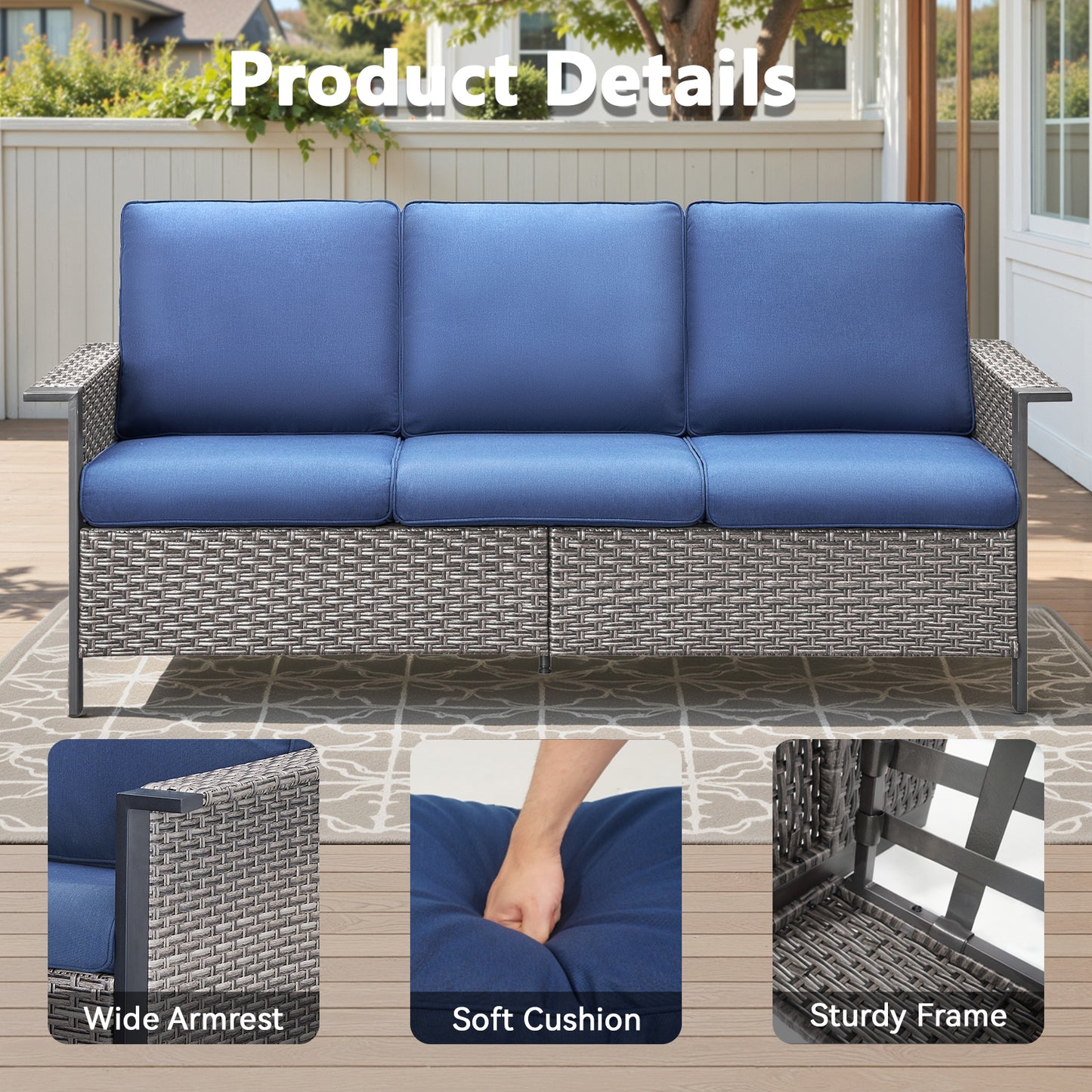 All-Weather Rattan Patio Sofa Set (3 PCS) — High-Back 3-Seater Deep Seat Couch with Ottomans, WNG Series