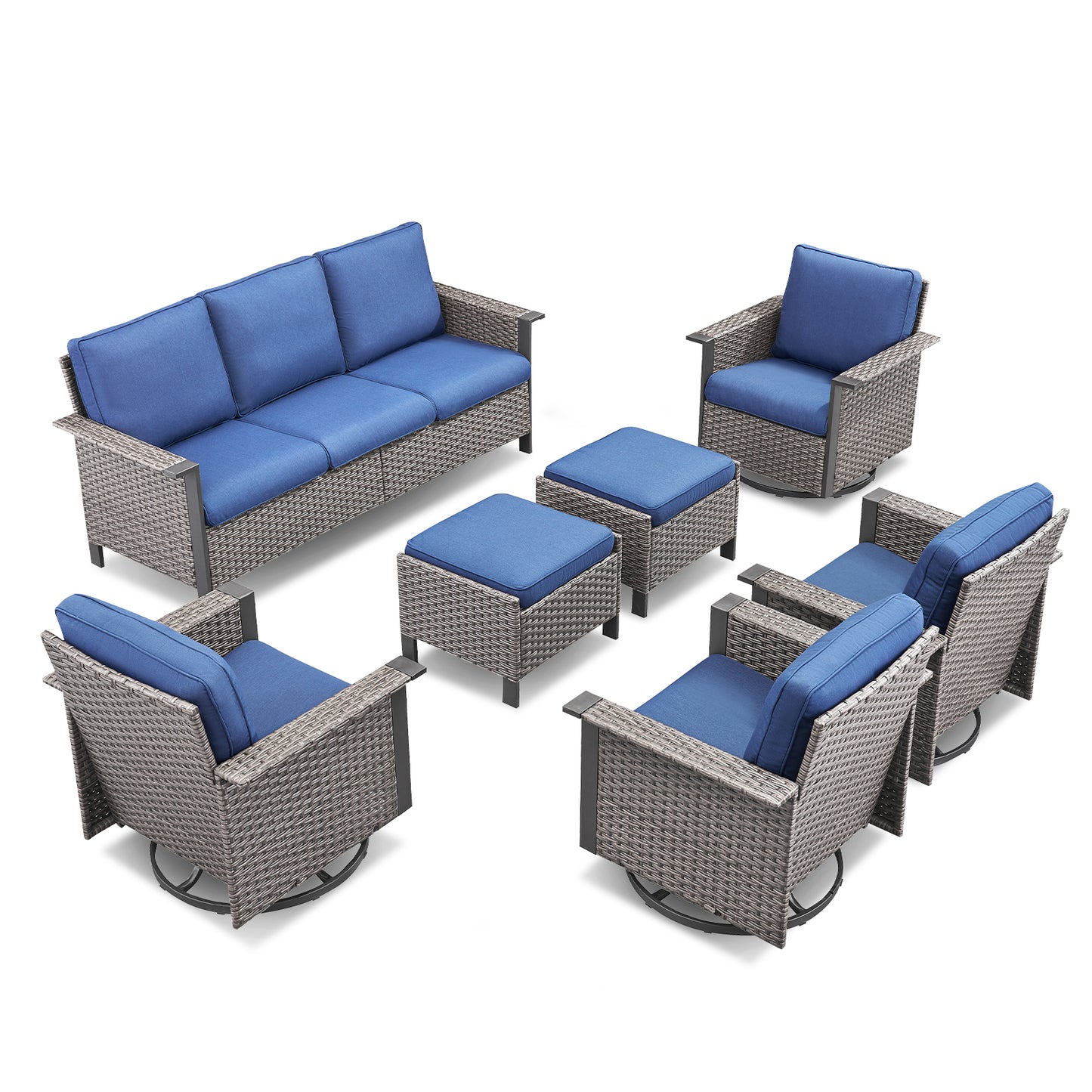 WNG Series: 7-Piece All-Weather Patio Set — 3-Seater Wicker Sofa with 7 Seating Pieces (4 Chairs & 2 Ottomans), WNG Series