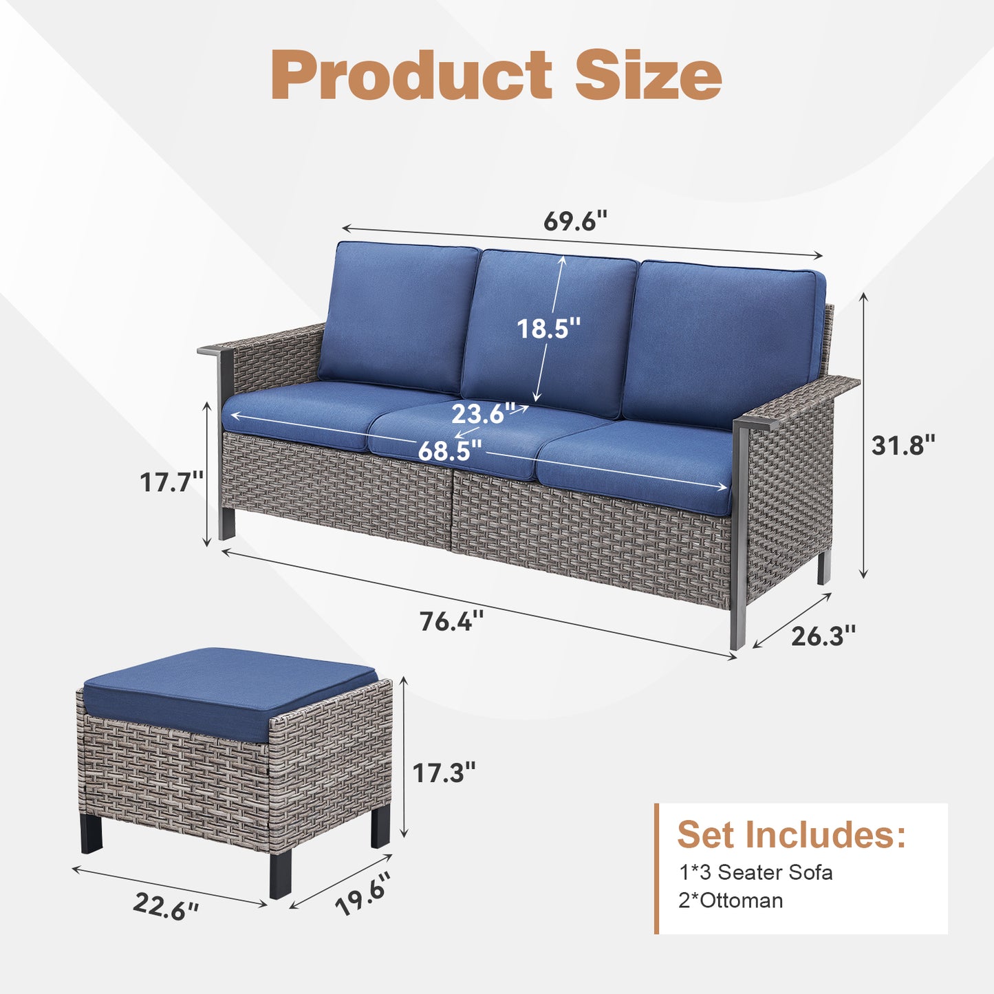 All-Weather Rattan Patio Sofa Set (3 PCS) — High-Back 3-Seater Deep Seat Couch with Ottomans, WNG Series