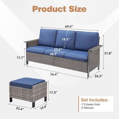 All-Weather Rattan Patio Sofa Set (3 PCS) — High-Back 3-Seater Deep Seat Couch with Ottomans, WNG Series
