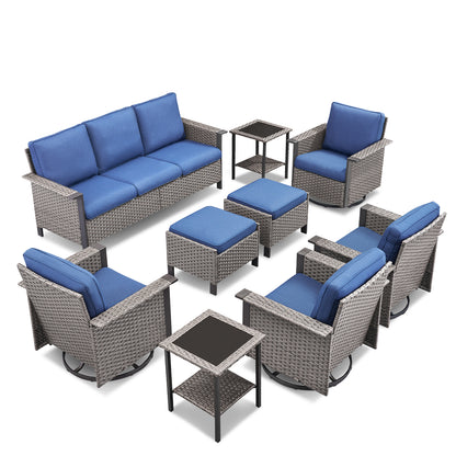 Complete 9-Piece Outdoor Lounge Set — Rattan-Style Sofa & 4 Swivel Rocker Chairs, WNG Series