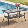 Belord outdoor wicker coffee table with glass top and storage shelf, part of the NTC patio conversation set.