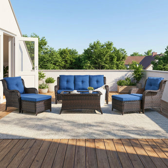 6 Piece Wicker Patio Chairs Set with 3-Seater Sofa & Ottoman, NTC Series