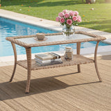 Belord outdoor wicker coffee table with glass top and storage shelf, ideal for patio conversation sets.