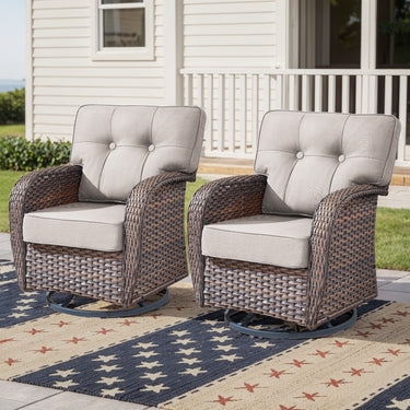Two Belord outdoor swivel patio chairs with wide T-back design from the T Series, perfect for outdoor conversation sets.