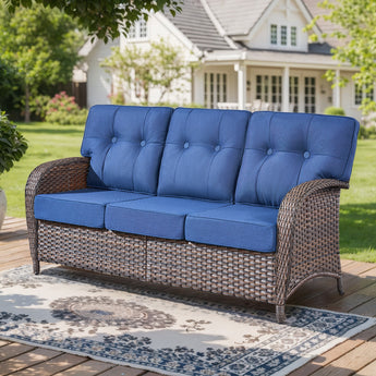 Belord T-Series 3-seater patio sofa with T-back design and 5-inch thick high-density cushions for outdoor conversation set.