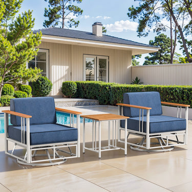 Set of three Belord BINGLI patio swivel rocker chairs with a side table, featuring comfortable cushions and modern outdoor design.
