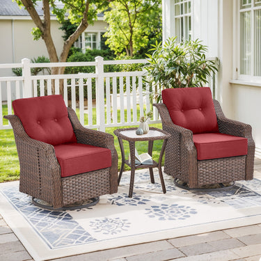Belord 3-piece outdoor wicker swivel glider patio set with chairs and side table from the OVOL Series, designed for outdoor relaxation.