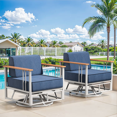 Pair of Belord patio swivel rocker chairs with 6-inch cushions, sturdy design, suitable for outdoor seating, part of BINGLI Series.