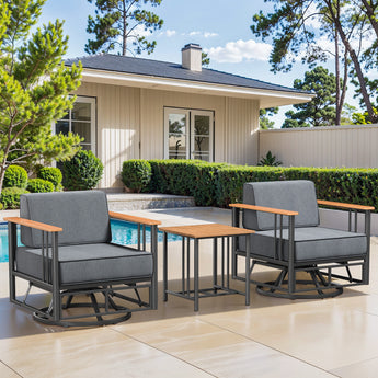 Set of three Belord BINGLI series swivel rocker patio chairs with a side table, featuring cushioned seats and a stylish outdoor design.